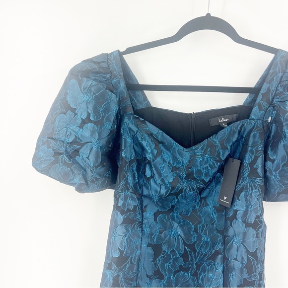 ✅NWT Lulus Beyond Amazing Dark Teal Floral Jacquard Puff Sleeve Dress Size Small - Picture 4 of 10